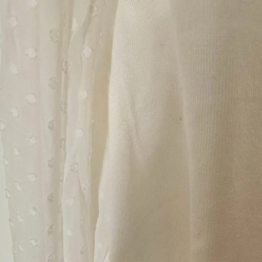 Adrianna Pappell cardigan, white sheer w/ pleated, polka dotted V-neck sleeves. - Picture 7 of 8